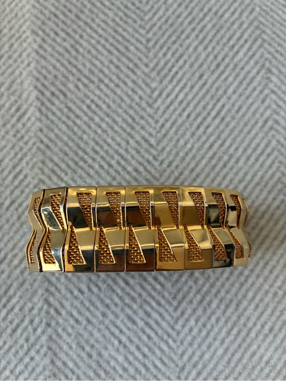 Vintage 1960s Gold Tone Wide Cuff Bangle Bracelet Snap Closure with Safety Chain